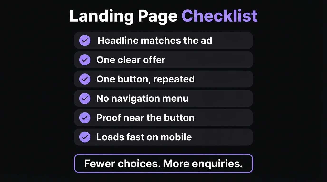 Landing page checklist infographic: headline matches the ad, one clear offer, one button repeated, no navigation menu, proof near the button, loads fast on mobile